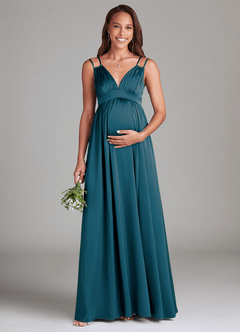Azazie Emree Robes de demoiselle d'honneur de maternité Robe Trapèze avec poches Longueur ras du sol Satin extensible image1