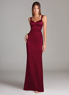 Azazie Denice Bridesmaid Dresses Burgundy Sheath Pleated Stretch Satin Dress image3