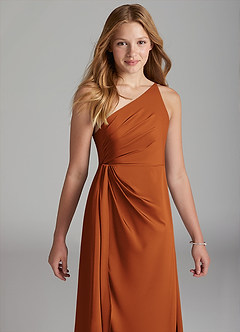 Azazie Mika Junior Robe Trapèze en Satin extensible Plissée Cannelle image4