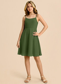 Azazie Shale Junior Olive A-Line Bow Chiffon Dress image3