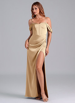 Azazie Asha Bridesmaid Dresses Champagne Sheath Off the Shoulder Stretch Satin Convertible Dress image6