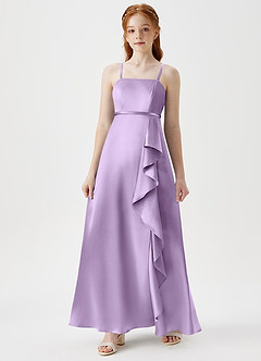 Azazie Kaylee Junior Robe Trapèze en Satiné métallisé avec ceinture Lilas image3