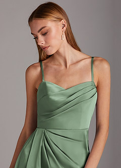 Azazie Bona Final Sale Matcha A-Line V-Neck Pleated Stretch Satin Dress image6