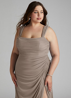 Azazie Jesaphine Brautjungfernkleider Etui Gerafft Gittergewebe Kleid Taupe image11