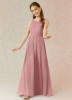 Azazie Bibiane Junior Vestido de Rosa Polvorienta de Gasa de Corte En A con Plisado image4