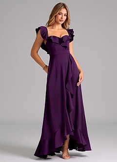 Azazie Lyra Bridesmaid Dresses Grape A-Line Off the Shoulder Stretch Satin Convertible Dress image2