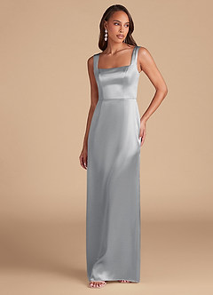 Azazie Flori Vestidos de damas de honor Vestido de Plata de Satén Metálico de Corte Recto con Corte Lateral image3