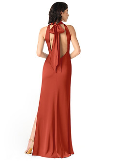 Azazie x Delaney Bridesmaid Dresses Rust Sheath High Neck Stretch Satin Dress image4