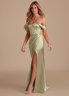 Azazie Asha Robes de demoiselle d'honneur Robe Fourreau en Satiné métallisé Épaule décolletée Vert Mousse image3