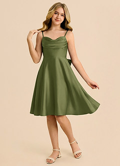 Azazie Bear Junior Olive A-Line Sweetheart Neckline Stretch Satin Dress image3