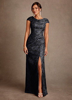 Azazie Irvine Mother of the Bride Dresses Black A-Line Pleated Floral Jacquard Dress image3