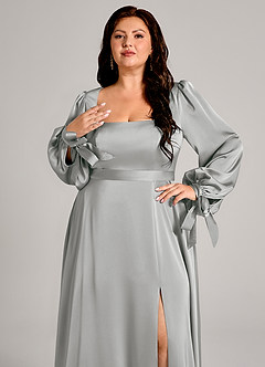 Azazie Leonia 신부 들러리 드레스 A라인 긴팔 스트레치 새틴 바닥 길이 드레스 image9