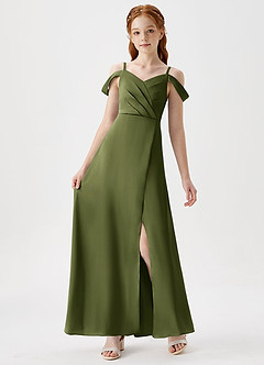 Azazie Ocean Junior Olive A-Line Off the Shoulder Stretch Satin Dress image6