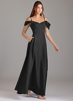 Azazie Marley Bridesmaid Dresses Black A-Line Off the Shoulder Stretch Satin Convertible Dress image4