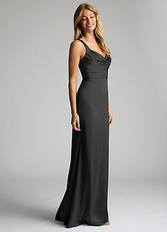 Azazie Elida Bridesmaid Dresses Black Sheath Pleated Stretch Satin Dress image3