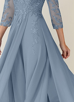Azazie Noella Mère de la mariée Robes Robe Trapèze en Mousseline de soie Col V Dentelle Bleu Poussiéreux image7
