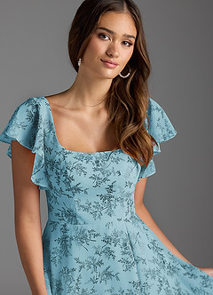Azazie Bondi Bridesmaid Dresses Blue Fern Floral A-Line Ruffled Chiffon Dress image6