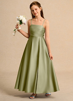 Azazie Pebbles Girls Formal Flower Girl Dresses Moss Green A-Line Pleated Matte Satin Dress image1