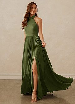 Christian Siriano Bridal for Azazie 1007 Bridesmaid Dresses Olive A-Line Pleated Stretch Satin Dress image3