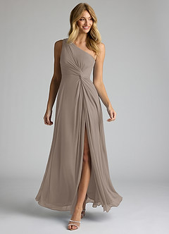 Azazie Brooke Robes de demoiselle d'honneur Robe Trapèze en Maille Ue épaule Taupe image2
