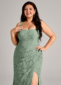 Azazie Mero At-home Try On Dresses Black Sheath Pleated Floral Burnout Dress image11