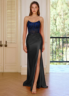 Valeria Black Strapless Satin Mermaid Rhinestones Corset Prom Dress image4