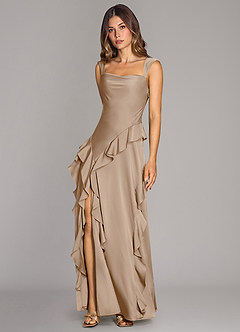 Azazie Sloane Bridesmaid Dresses Taupe A-Line Sweetheart Neckline Stretch Satin Dress image4