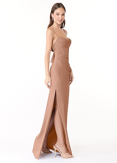 Azazie Mai Vestidos de damas de honor Vestido de Champán Rosado de Gasa de Corte Recto con Plisado image3