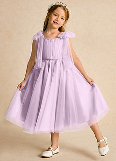 Azazie Dori Robe Demoiselle D'honneur Fillette Robe Trapèze en Tulle Rayé Frostiges Flieder image4