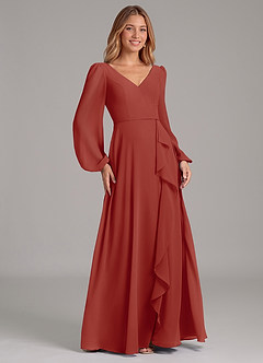 Azazie Simone Bridesmaid Dresses Terracotta A-Line Long Sleeve Chiffon Dress image4