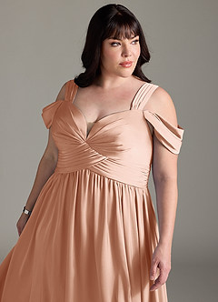 Azazie Lianne Bridesmaid Dresses Rose Gold A-Line Off the Shoulder Stretch Satin Dress image14