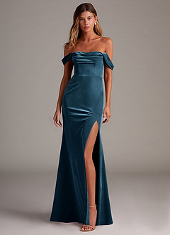 Azazie Saige Bridesmaid Dresses Blue Topaz Sheath Off the Shoulder Velvet Convertible Dress image4