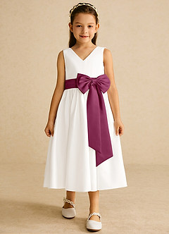 Azazie Darling Flower Girl Dresses Ivory Mulberry A-Line Bow Cotton Dress image4