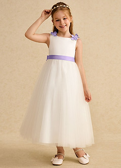 Azazie Lilli Blumenmädchenkleider A-Linie Schleifen Tüll Kleid Elfenbein Flieder image5