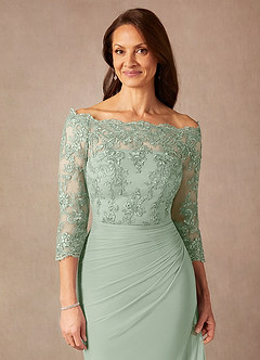 Azazie Rhonda Kleider für die Brautmutter Meerjungfrau-Linie Schulterfrei Gittergewebe Kleid Staubiger Salbeigrün image7