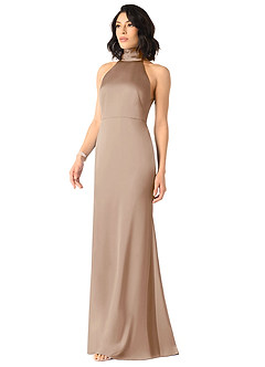 Azazie x Delaney Bridesmaid Dresses Taupe Sheath High Neck Stretch Satin Dress image2