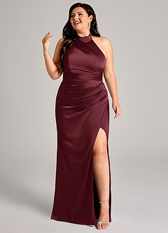 Azazie Jemma Vestidos de damas de honor Vestido de Cabernet de Satén Elástico de Corte Recto con Plisado image9