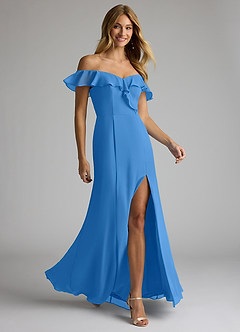 Azazie Sophie Robes de demoiselle d'honneur Robe Trapèze Convertible en Mousseline de soie Épaule décolletée Geai Bleu image4