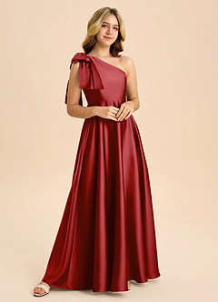 Azazie Penguin Junior Pomegranate A-Line Bow Stretch Satin Dress image4