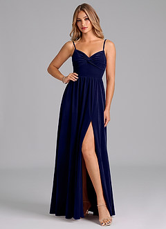 Azazie Zeya Bridesmaid Dresses Dark Navy A-Line Pleated Velvet Dress image1
