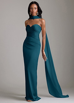 Azazie Sonora Vestidos de damas de honor Vestido de Azul Tinta de Satén Elástico de Corte Recto con Sin tirantes image10