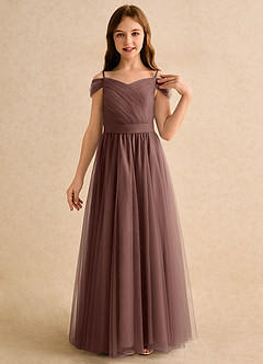 Azazie Yuna Girls Formal Abiti da Ragazza di Fiori Abito A-Line in Tulle Spalle Scoperte Espresso image6