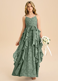 Azazie Peyton Junior Matcha A-Line Pleated Floral Burnout Dress image1