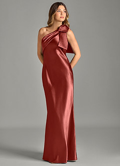 Azazie Yuanna Bridesmaid Dresses Terracotta Mermaid One Shoulder Metallic Satin Dress image1