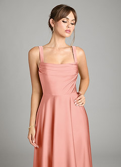 Azazie Shaude Bridesmaid Dresses Coral A-Line Pleated Stretch Satin Dress image3