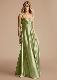 Azazie Oliana Bridesmaid Dresses Pistachio A-Line Pleated Metallic Satin Dress image4