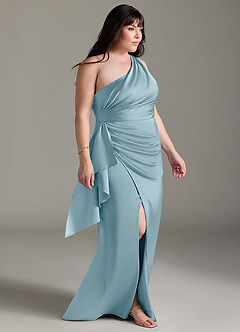 Azazie Maive Bridesmaid Dresses Moody Blue Sheath Ruched Stretch Satin Dress image8