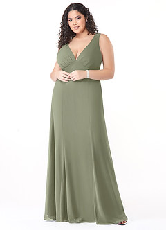 Azazie Christiana At-home Try On Dresses Dusty Blue A-Line V-Neck Pleated Chiffon Dress image7