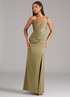 Azazie Marla Robes de demoiselle d'honneur Robe Fourreau Convertible en Satin extensible Sans bretelle Vert Mousse image7