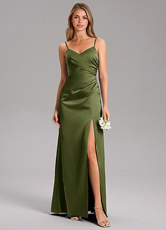 Azazie Azuree Bridesmaid Dresses Olive A-Line Pleated Stretch Satin Dress image7
